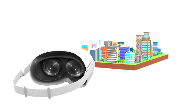 Casque Meta Quest avec maquette de ville 3D